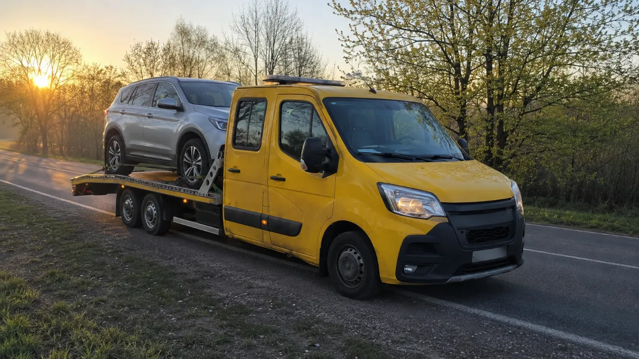 Laweta HANU-HOL z SUV-em na platformie o wschodzie słońca – Gniezno