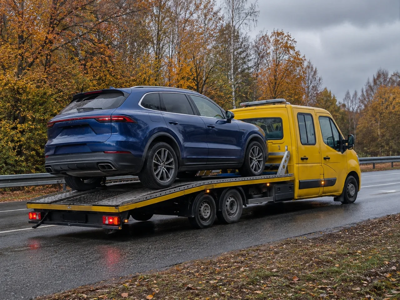 Transport niebieskiego SUV-a na lawecie – Gniezno